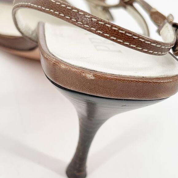 Vintage Prada Brown White Woven Leather Square Toe Slingback Heels IT 36.5 - Picture 9 of 12